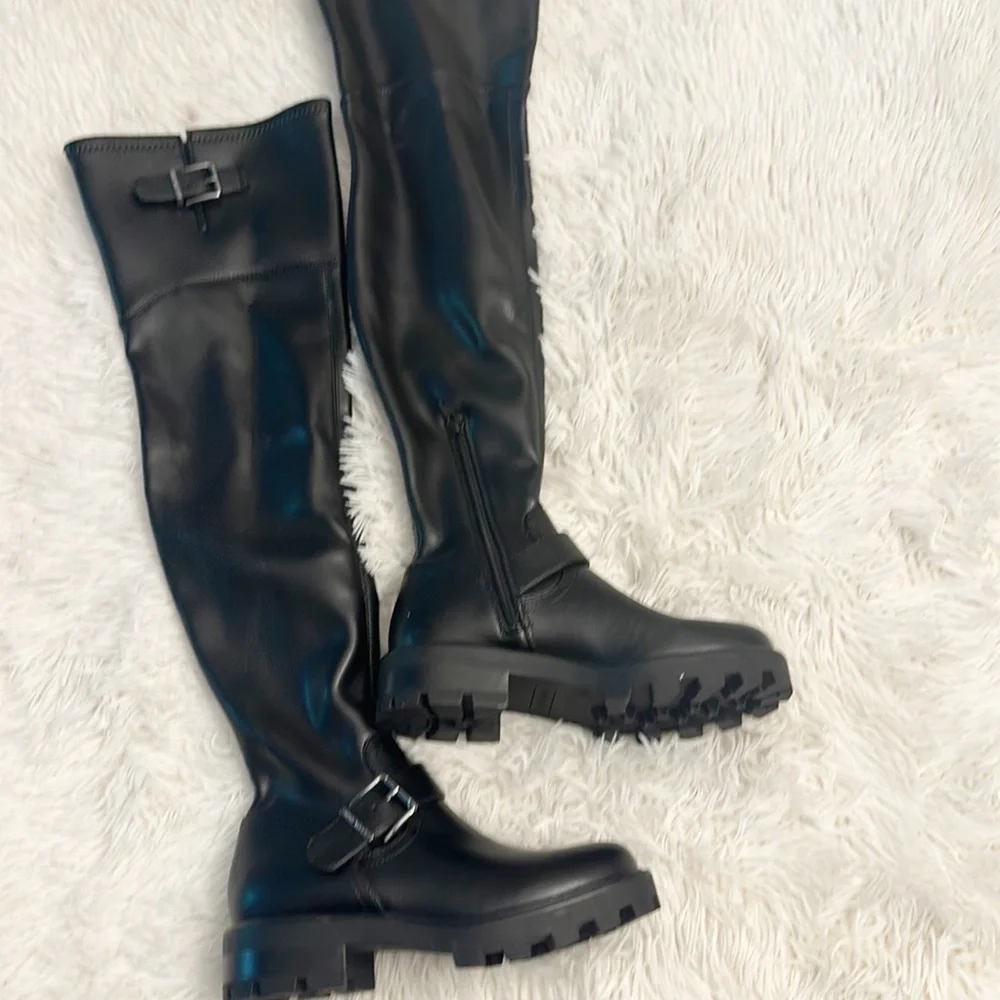 NEW Nine West Nans Black biker lug sole over the knee buckle boot women size 6
